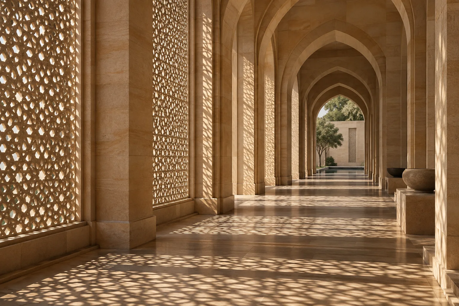 Architectural concept of a sandstone corridor with carved arches and jaali screens