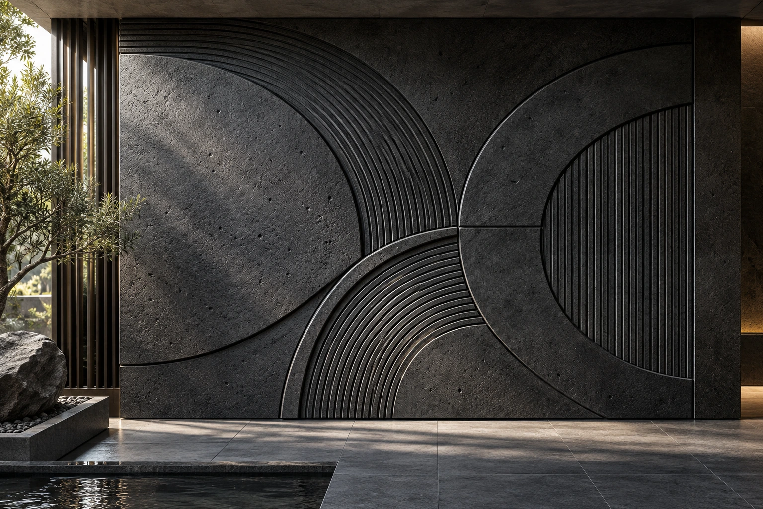 2D Carving — Abstract basalt arcs — Basalt architectural design concept