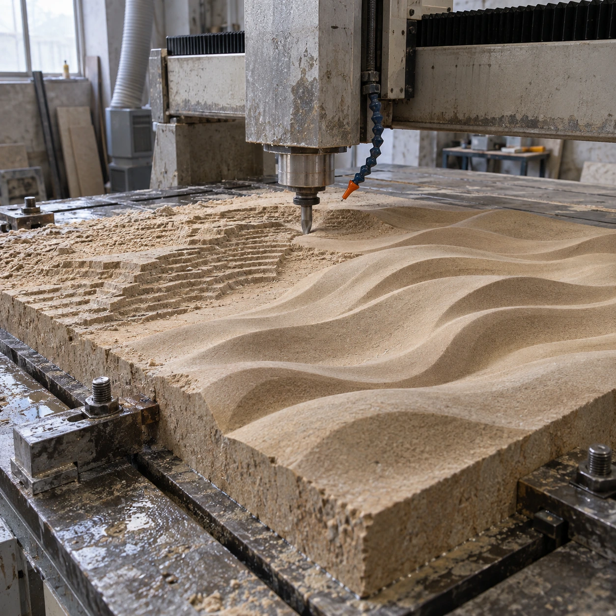 Marble Fluting — Sandstone machining — layered desert dune waves — Sandstone machining process concept