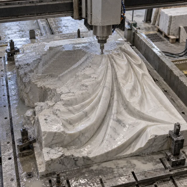Marble machining — sculptural draped fabric folds — Marble machining process concept