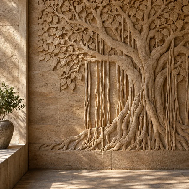 Carved banyan tree silhouette — Sandstone architectural design concept