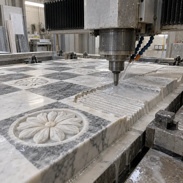 Marble machining — large checkerboard with rosettes — Marble machining process concept
