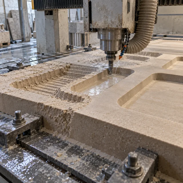 Sandstone machining — minimal rounded rectangular openings — Sandstone machining process concept