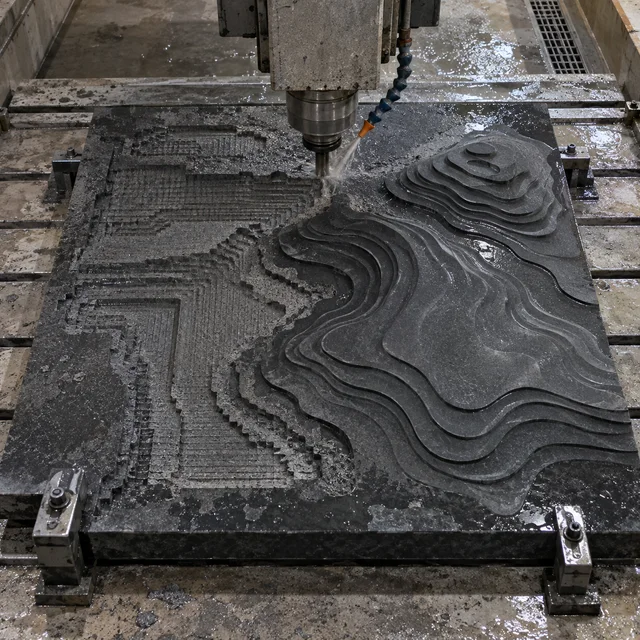 Basalt machining — flowing topographic contour map — Basalt machining process concept