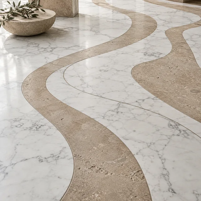 Asymmetric flowing river bands — Marble architectural design concept