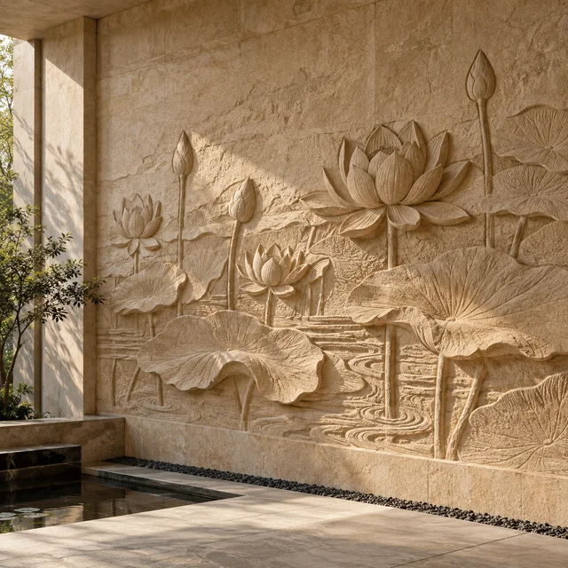 Lotus pond relief — Sandstone architectural design concept