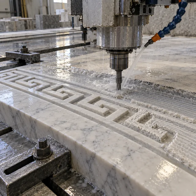 Marble machining — classical Greek key perimeter — Marble machining process concept