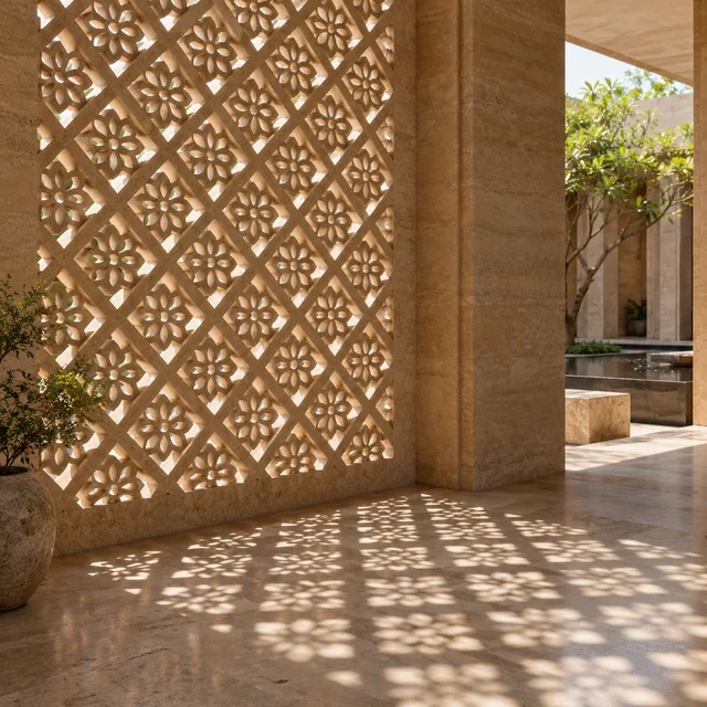 Diamond-and-rosette lattice — Sandstone architectural design concept