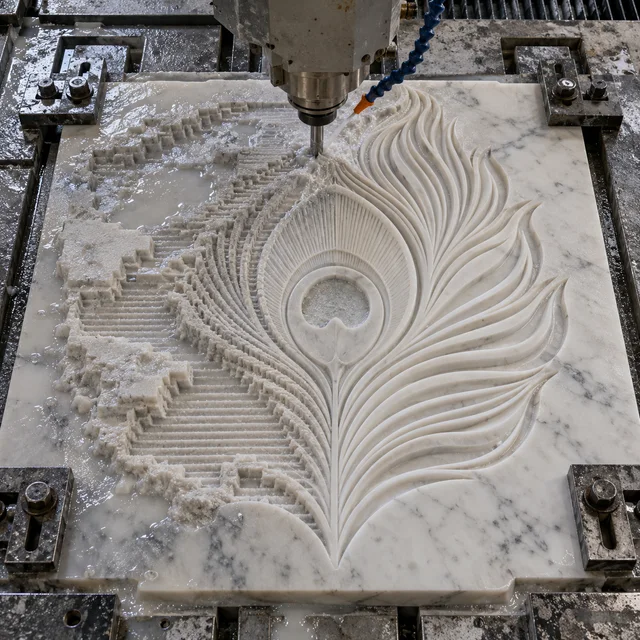 Marble machining — radial peacock feather motif — Marble machining process concept