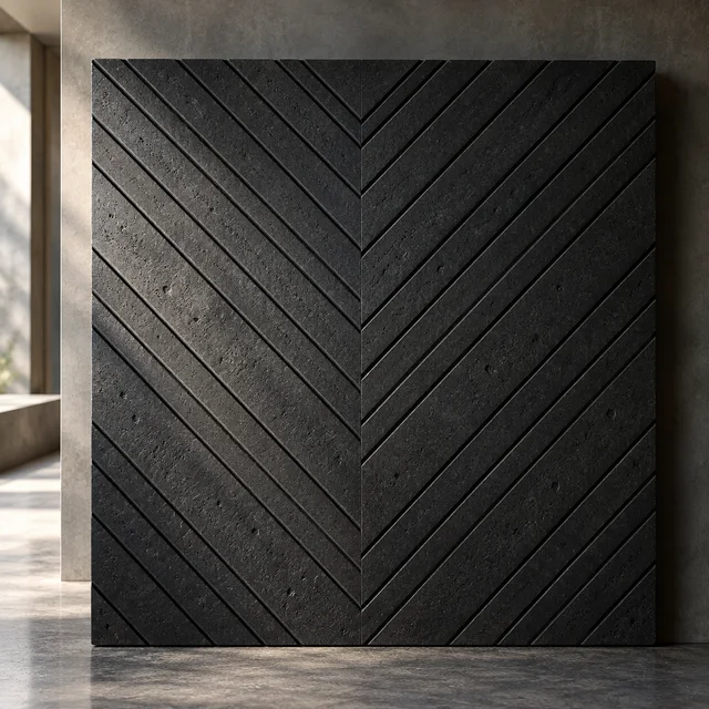 Rhythmic chevron engraving — Basalt architectural design concept