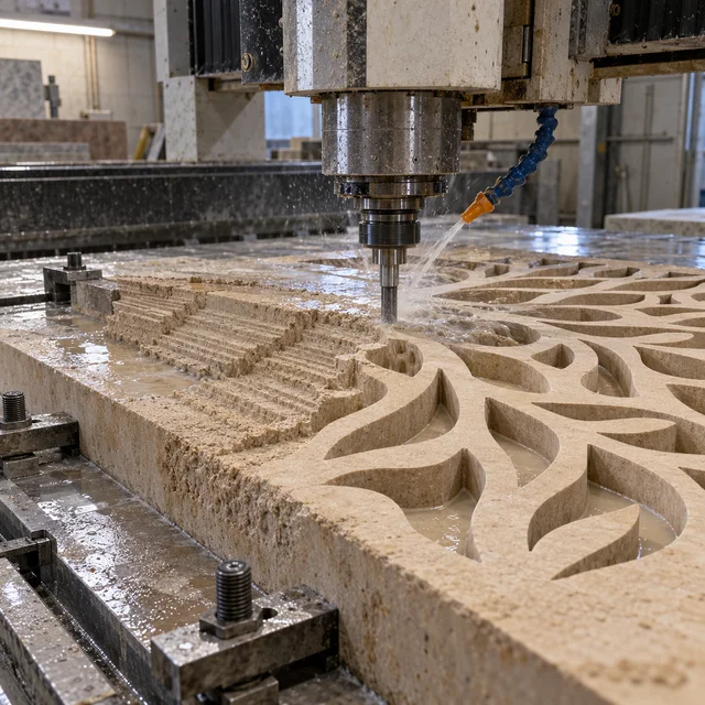 Sandstone machining — branching botanical screen — Sandstone machining process concept