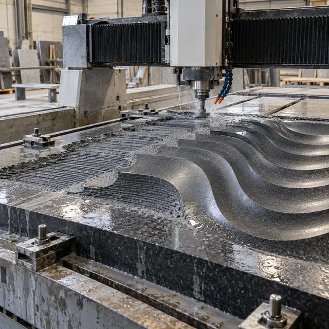 Basalt machining — geometric optical wave pattern — Basalt machining process concept