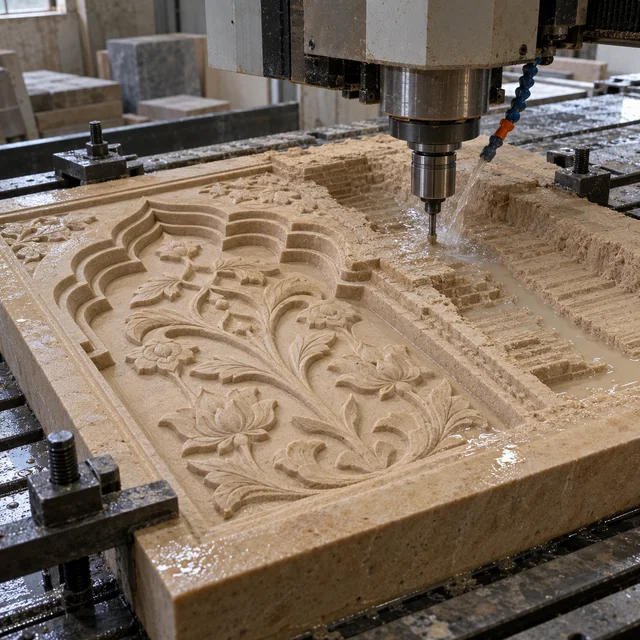 Sandstone machining — Mughal arch-and-flower panel — Sandstone machining process concept