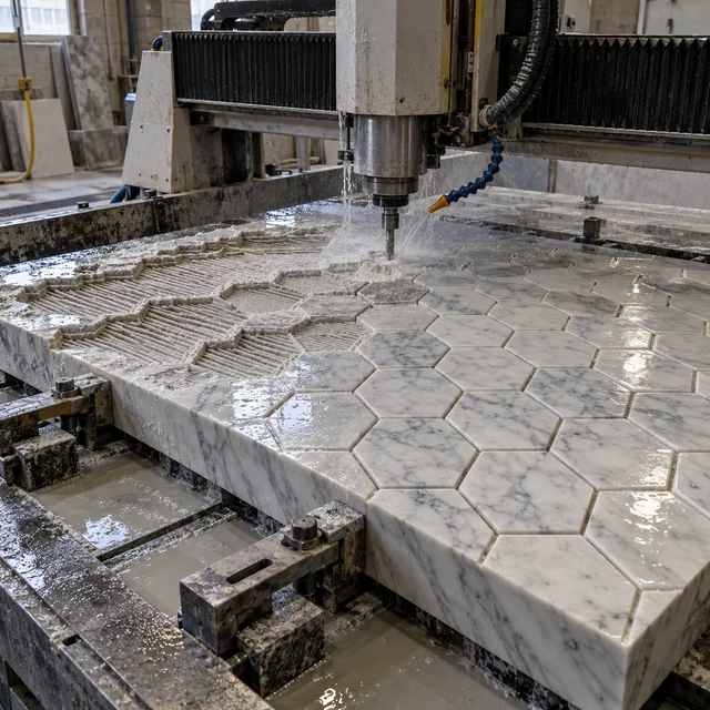 Marble machining — hexagonal tessellation — Marble machining process concept
