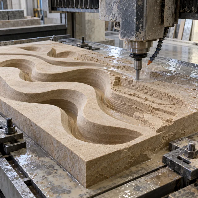 Sandstone machining — abstract flowing wave openings — Sandstone machining process concept
