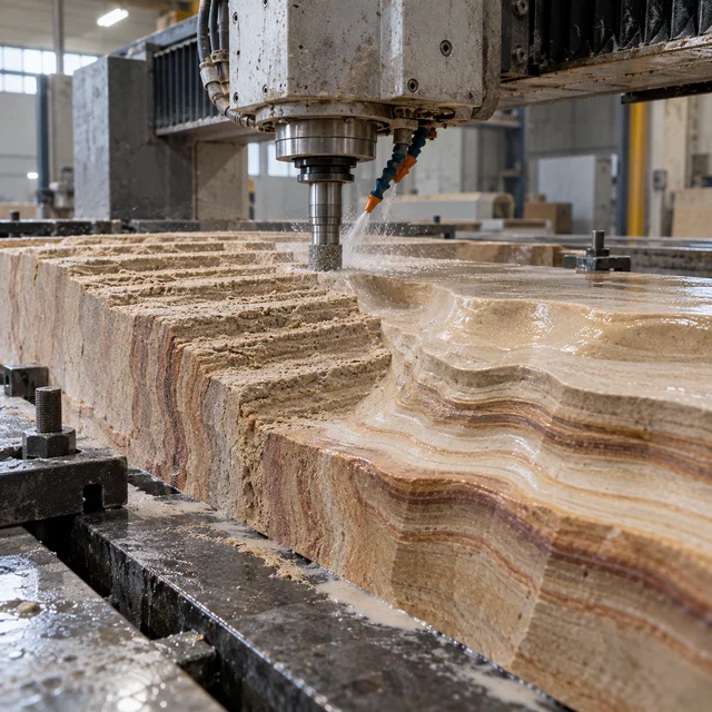Sandstone machining — asymmetric geological strata — Sandstone machining process concept