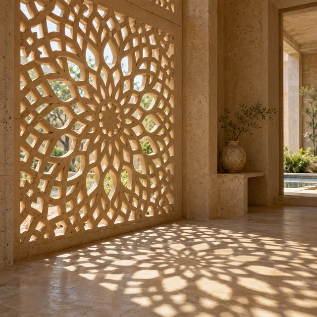 Radial floral medallion screen — Sandstone architectural design concept