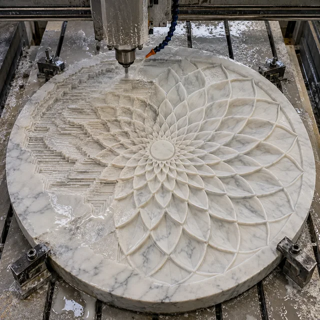 Marble machining — mandala with sixty-four petals — Marble machining process concept