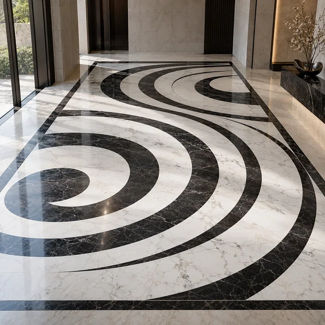 Circular waves across rectangular floor — Marble architectural design concept