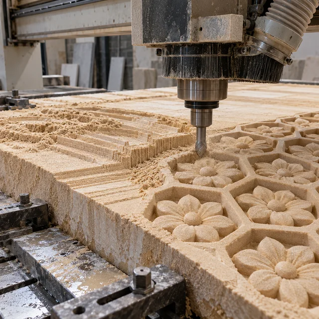 Sandstone machining — honeycomb with flower centres — Sandstone machining process concept