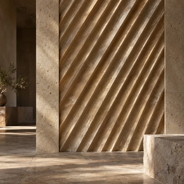 Diagonal rhythmic fluting — Sandstone architectural design concept