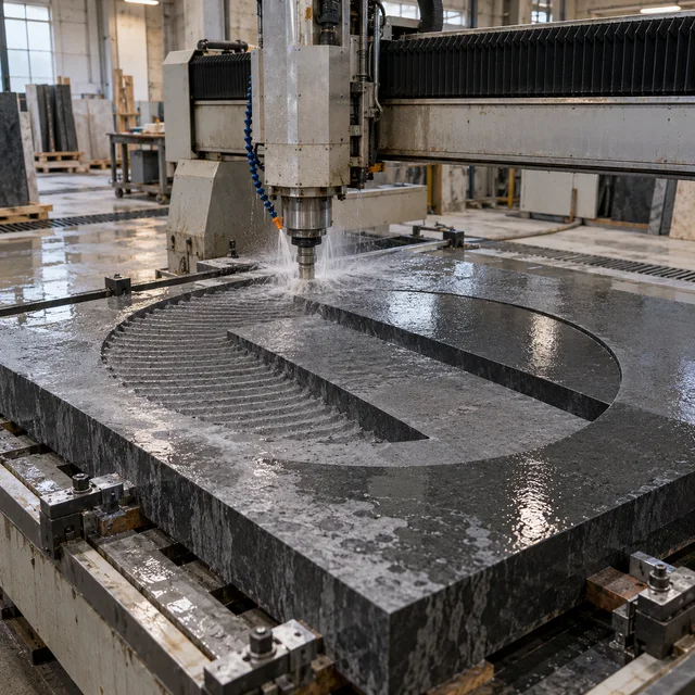 Basalt machining — large Bauhaus circle-and-bar — Basalt machining process concept