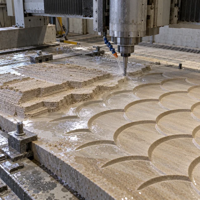 Sandstone machining — interlocking scallop tiles — Sandstone machining process concept