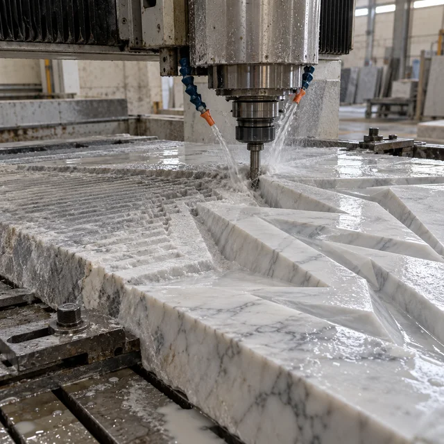 Marble machining — abstract angular lightning geometry — Marble machining process concept