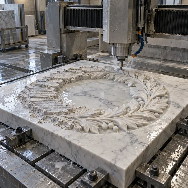 Marble machining — radial leaf wreath — Marble machining process concept