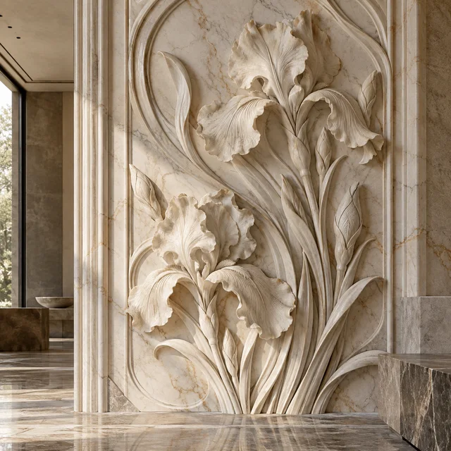 Art-nouveau iris flowers — Marble architectural design concept