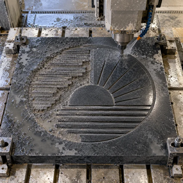 Basalt machining — minimal sun-and-horizon — Basalt machining process concept