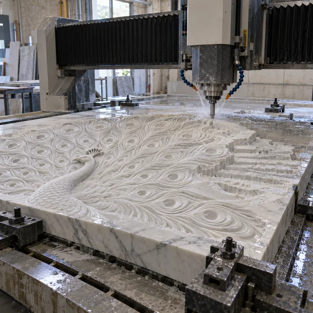 Marble machining — peacock feather fan — Marble machining process concept