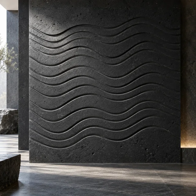Rhythmic sine wave engraving — Basalt architectural design concept