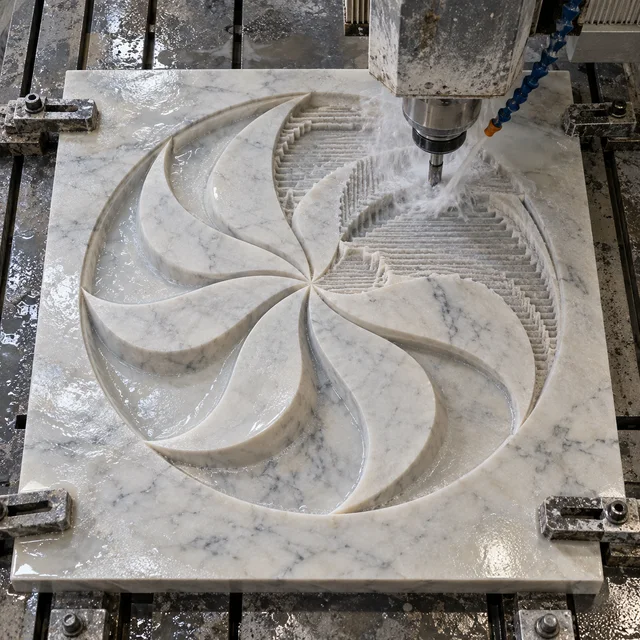 Marble machining — pinwheel stone mosaic — Marble machining process concept