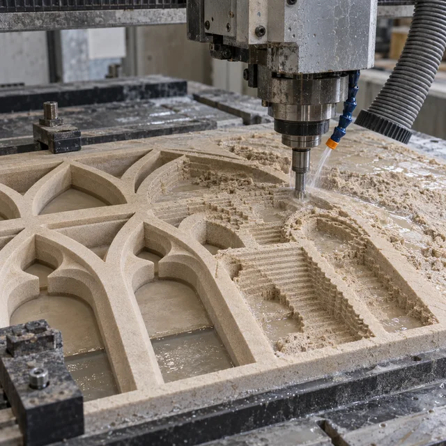 Sandstone machining — arched window motif lattice — Sandstone machining process concept