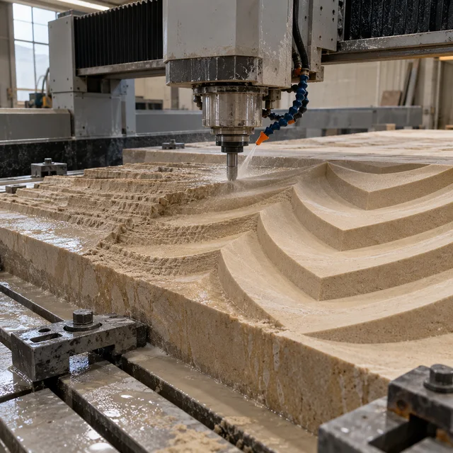 Sandstone machining — deep curved chevron wall — Sandstone machining process concept
