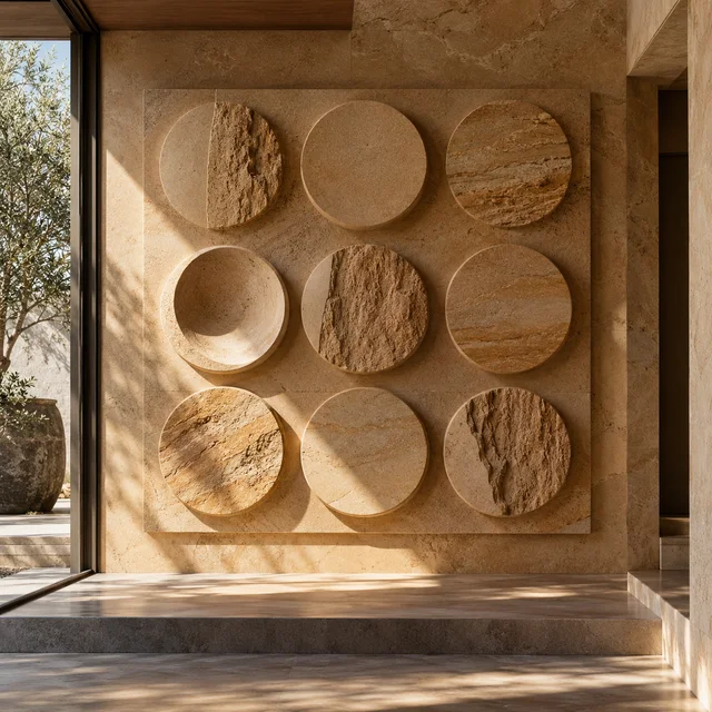 Minimal sculptural disc array — Sandstone architectural design concept