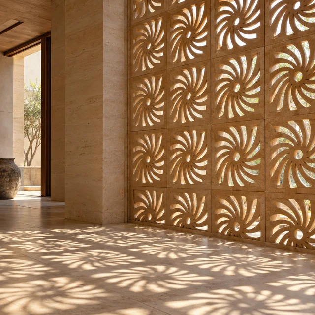 Spiral rosette perforations — Sandstone architectural design concept