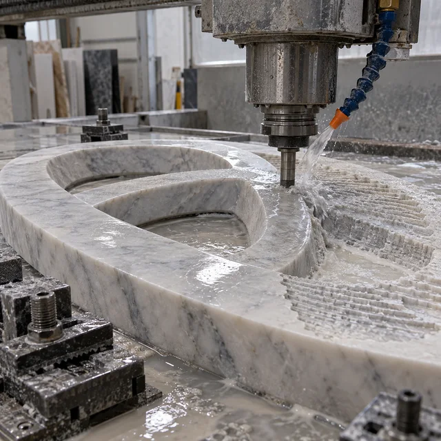 Marble machining — intersecting oval rings — Marble machining process concept